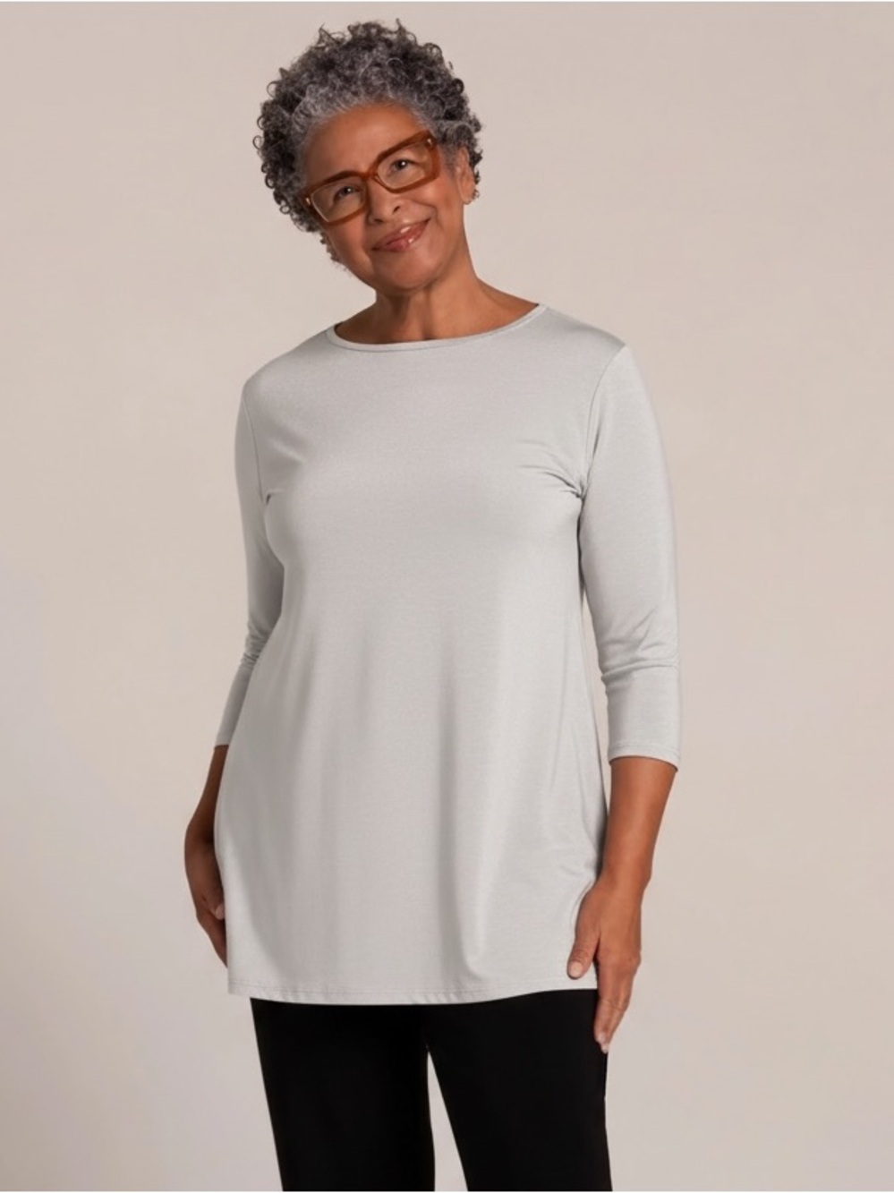 SYMPLI (12) Nu Ideal Tunic, 3/4 Sleeve Light Silver Versatile Comfort Classic